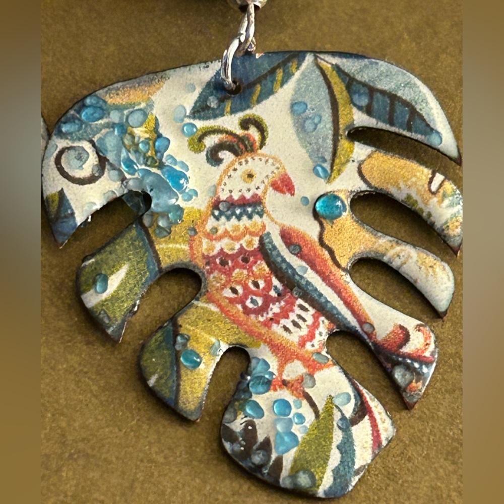Earrings NWOT Artisan “Cockatiel, too” leaves Enamel Copper, ceramic beads 2.7” - Picture 6 of 14
